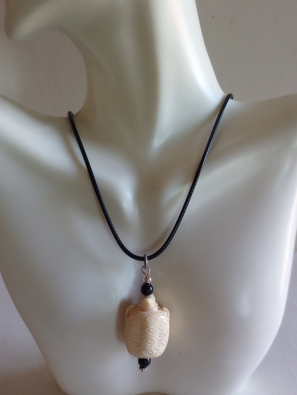 Handcrafted Cream Turtle Pendant Necklace with Black Cord